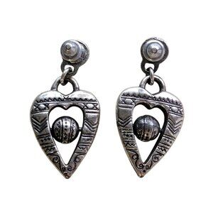 Vintage 90s Y2K Silver Heart Dangle Earrings Tribal cutecore Valentines Day